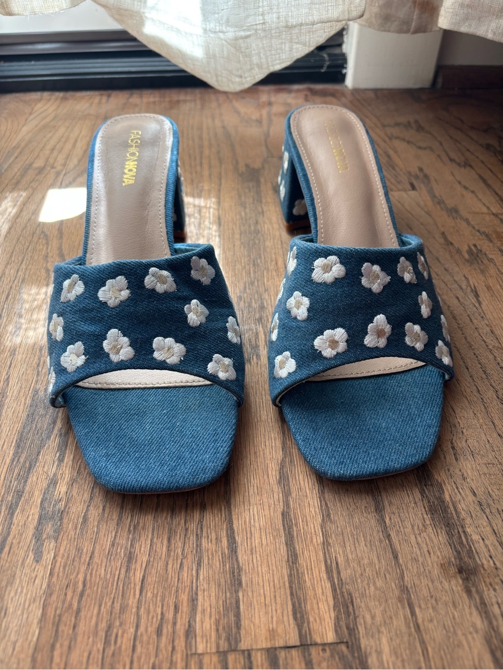 Fashion Nova Blue Floral Embroidered Block Heel Mules